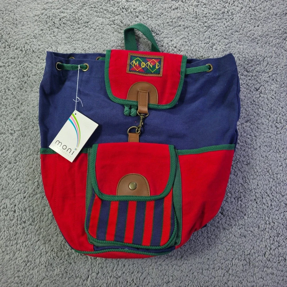 Moni Accessories Vintage Colorblock Canvas Backpack Navy Red Green NWT